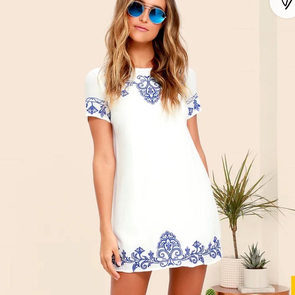 LULUS Tale to Tell Blue and Ivory Embroidered Shift Dress